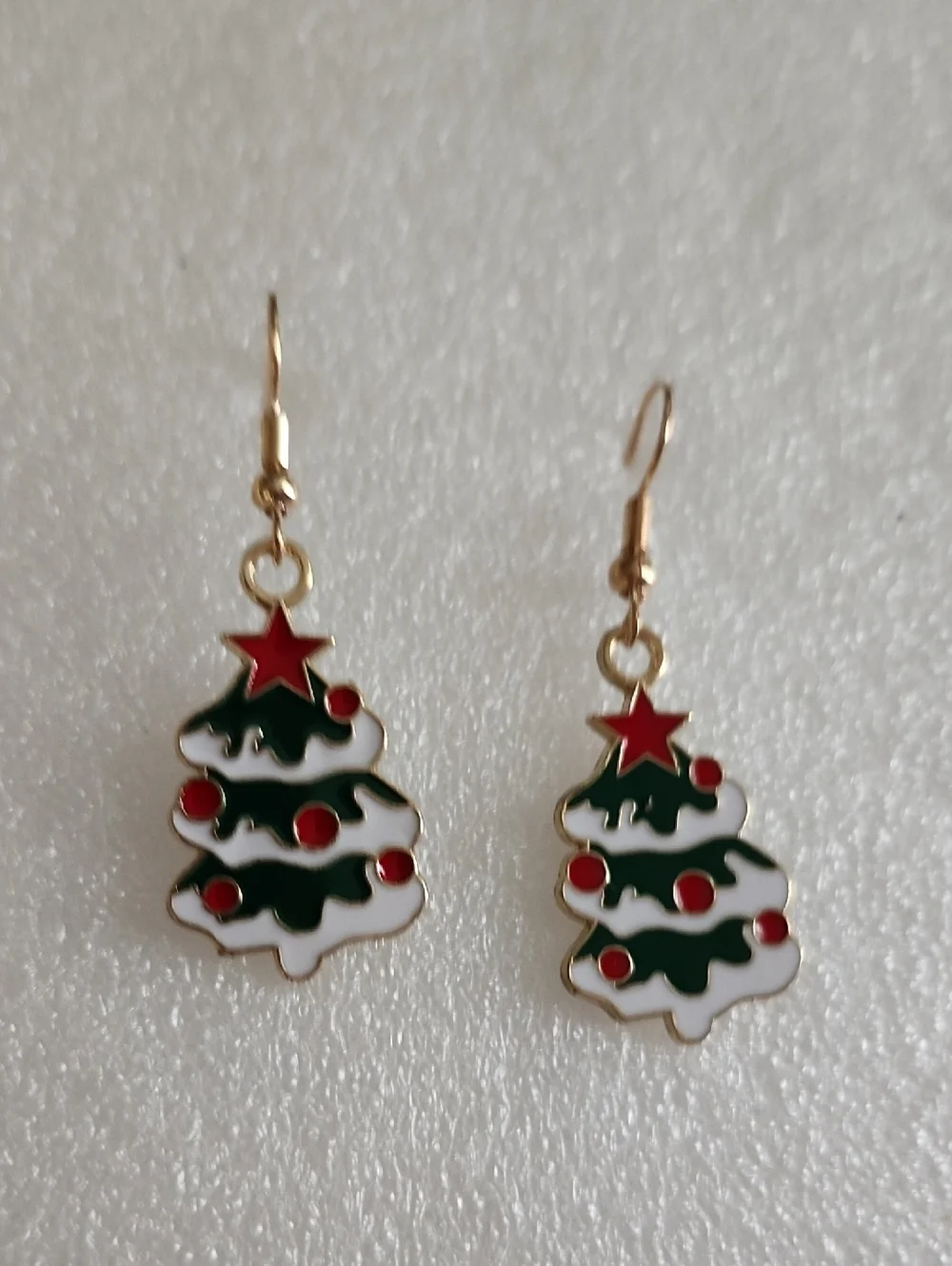 Hand Crafted Green and White Christmas Tree Earrings with Red Accents